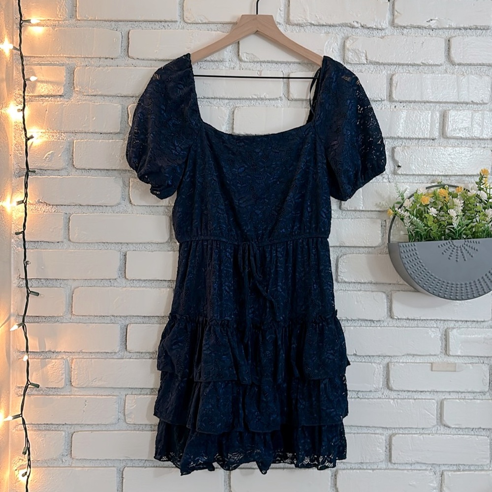 City Triangles womens navy floral lace flowy dress